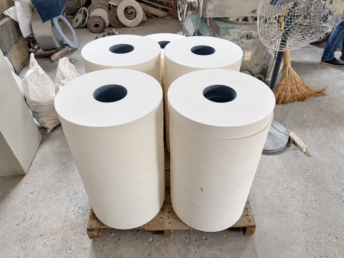 Large white wheels ready for shipment